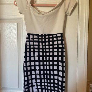 Bodycon White and Black Mini Dress with Wrap Skirt Detail